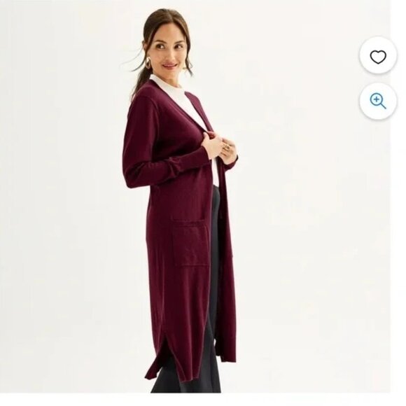 Classic Nine West Long Duster Cardigan Sweater Plum Burgundy Open Front Pockets - Picture 1 of 4